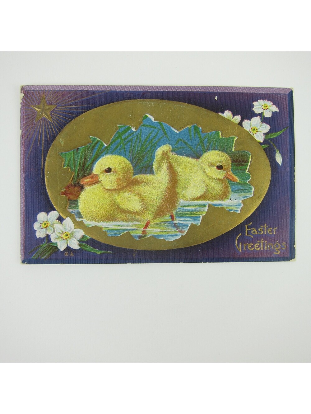 Easter Postcard Yellow Chicks in Pond Water White Flowers Gold Star Antique 1911